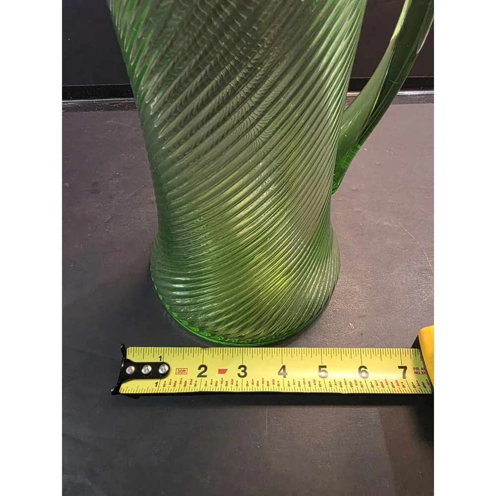 Antique Vintage Green Uranium Glass Pitcher – Diagonal Spiral Swirl Optic Ribbed